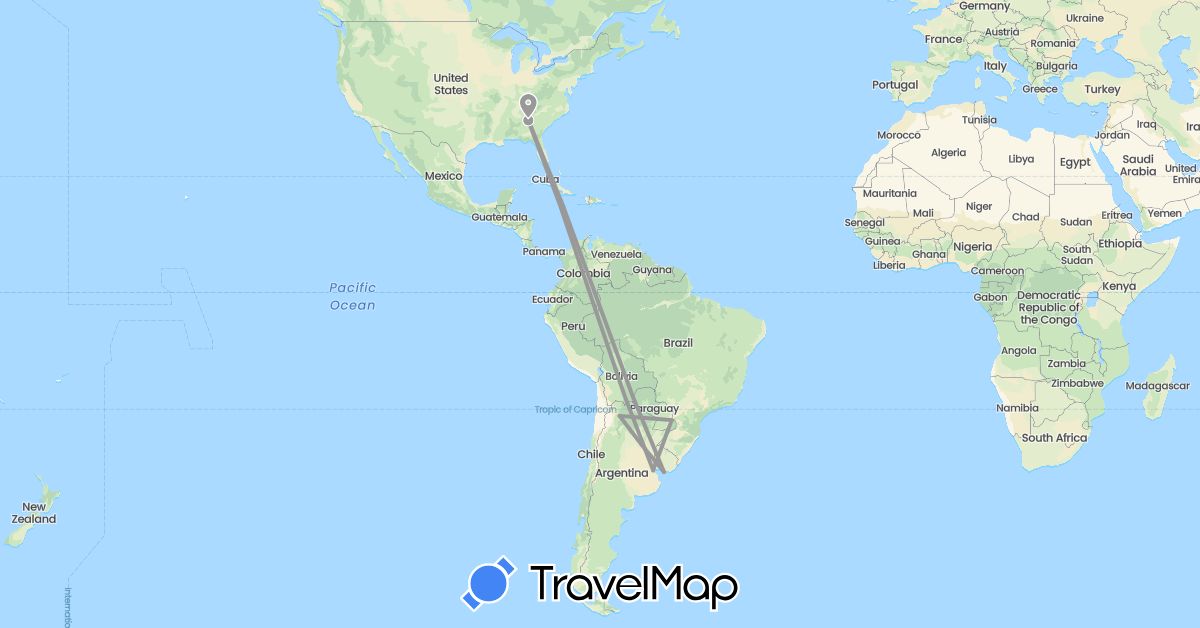 TravelMap itinerary: plane in Argentina, United States, Uruguay (North America, South America)